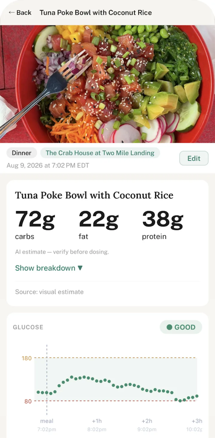 SuperGlu estimating carbs, fat, and protein from a photo of a tuna poke bowl